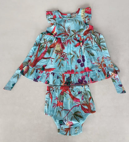 Turquoise Bird Printed Sleeve & Bottom Ruffle Dress 2-pc. set Yo Baby India 