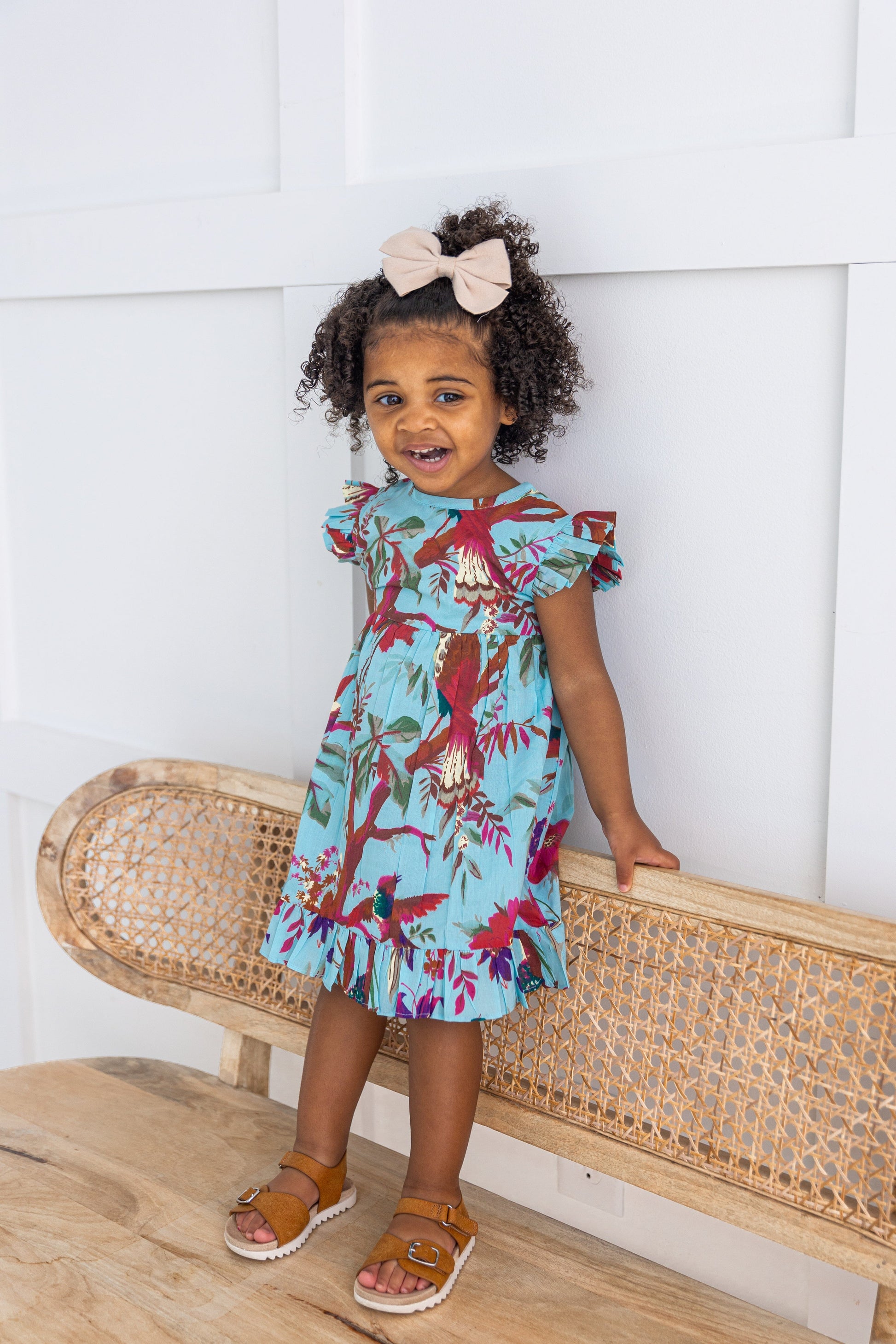 Turquoise Bird Printed Sleeve & Bottom Ruffle Dress 2-pc. set Yo Baby India 