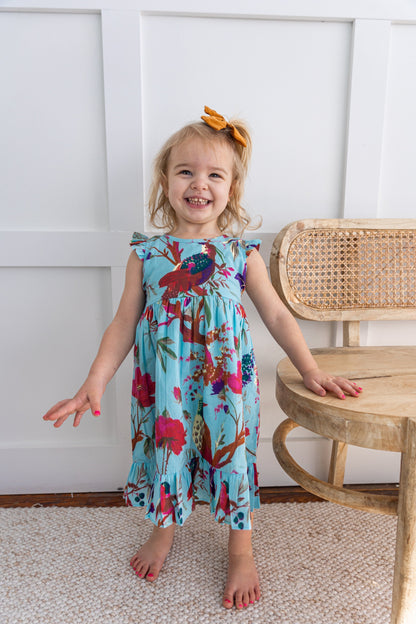 Turquoise Bird Printed Sleeve & Bottom Ruffle Dress 2-pc. set Yo Baby India 