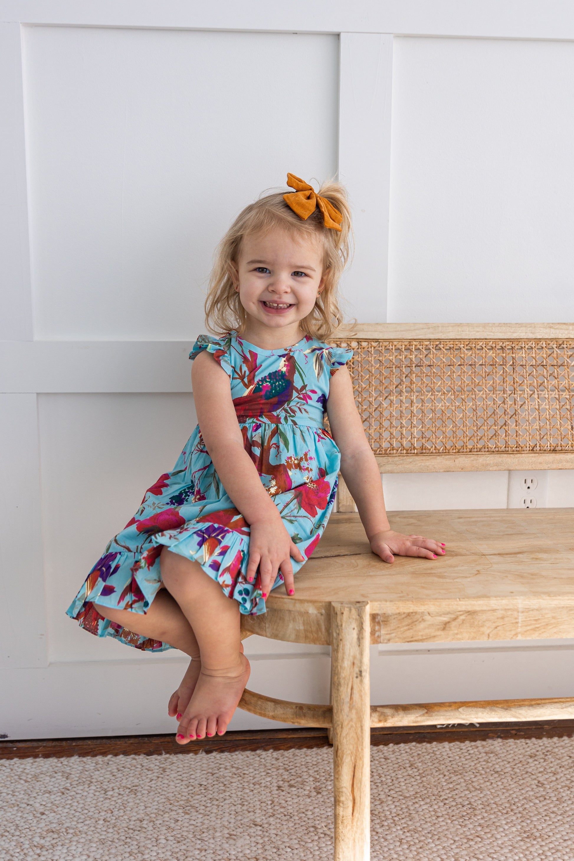 Turquoise Bird Printed Sleeve & Bottom Ruffle Dress 2-pc. set Yo Baby India 