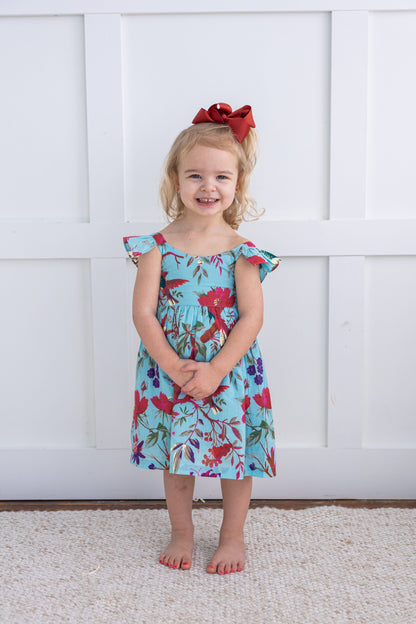 Turquoise Bird Printed Sleeve Ruffled Gathered Dress dress & diaper cover Yo Baby India 