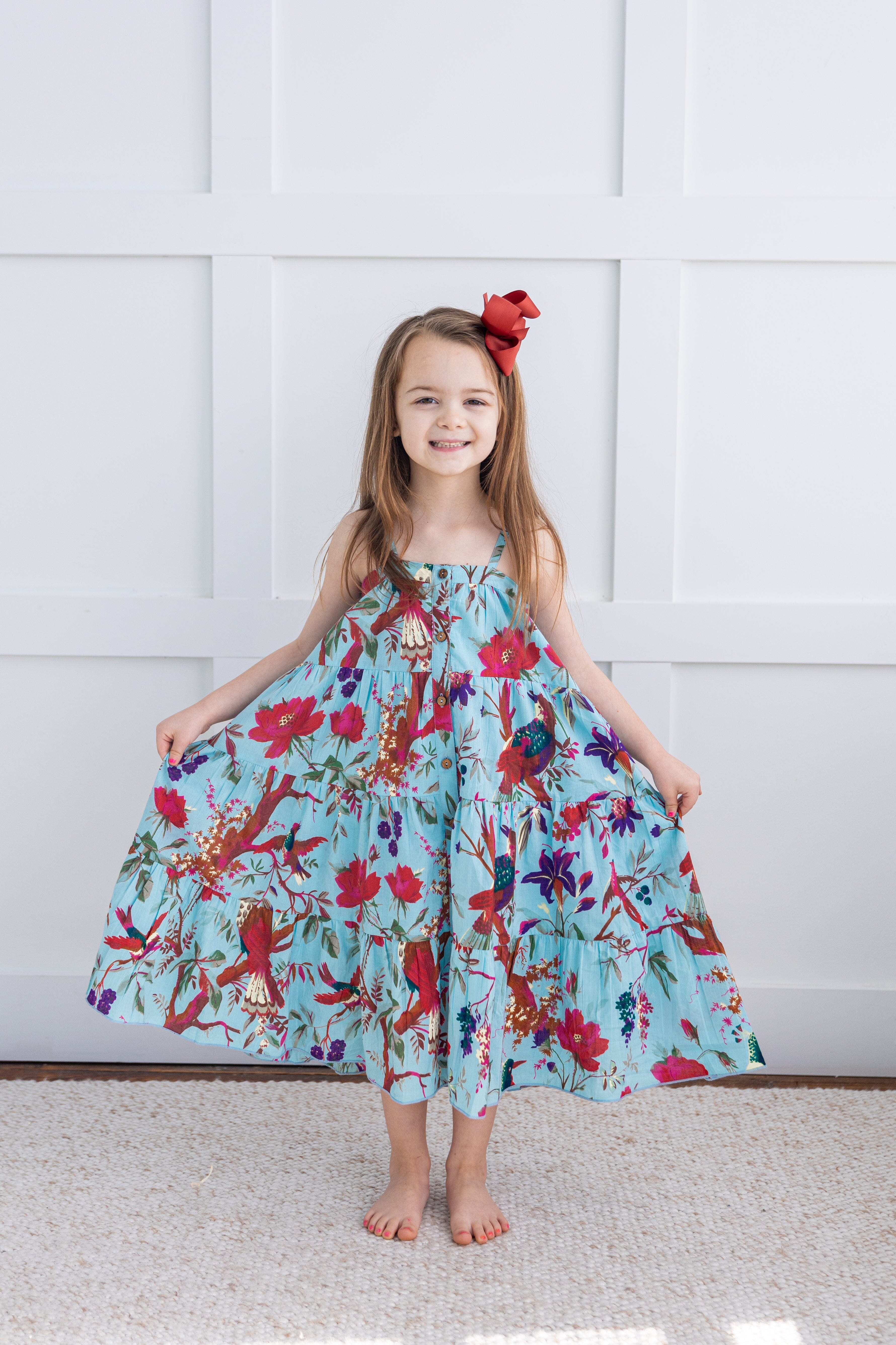 Turquoise Bird Printed Tiered Dress – Infant Cotton Dress with Matchin