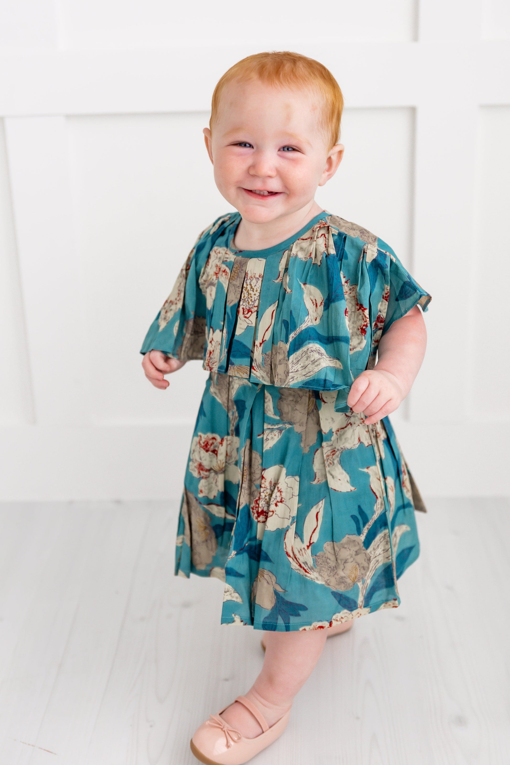 Turquoise Floral Printed Box Pleated Dress dress & diaper cover Yo Baby India 