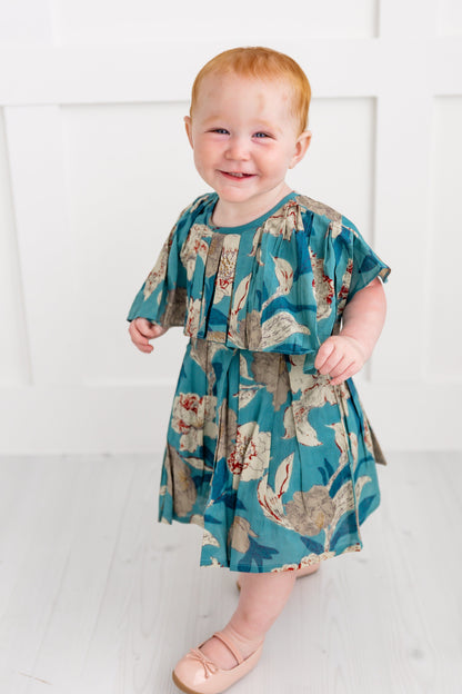 Turquoise Floral Printed Box Pleated Dress dress & diaper cover Yo Baby India 