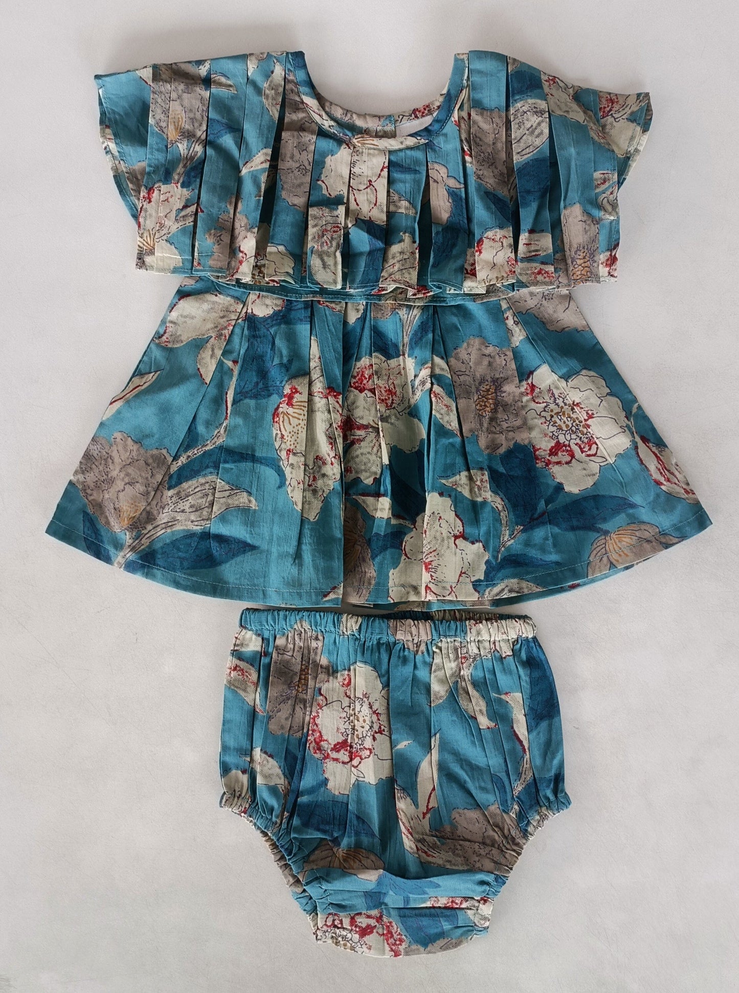 Turquoise Floral Printed Box Pleated Dress dress & diaper cover Yo Baby India 