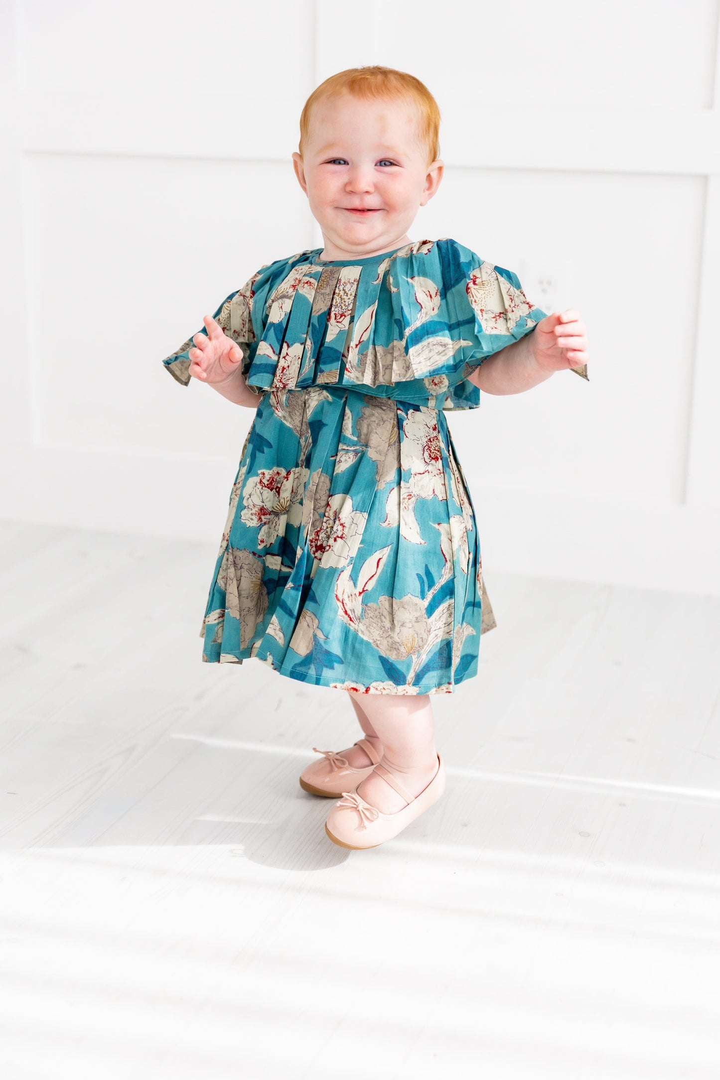 Turquoise Floral Printed Box Pleated Dress dress & diaper cover Yo Baby India 