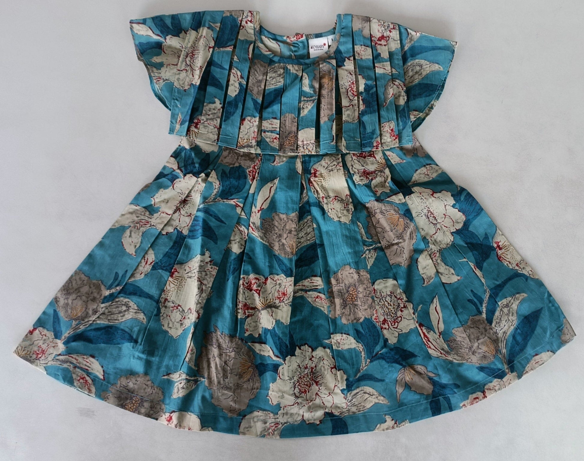 Turquoise Floral Printed Box Pleated Dress dress & diaper cover Yo Baby India 