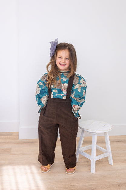 Turquoise Floral Printed Top & Brown Corduroy Pant Set 2-pc. set pant & top Yo Baby India 