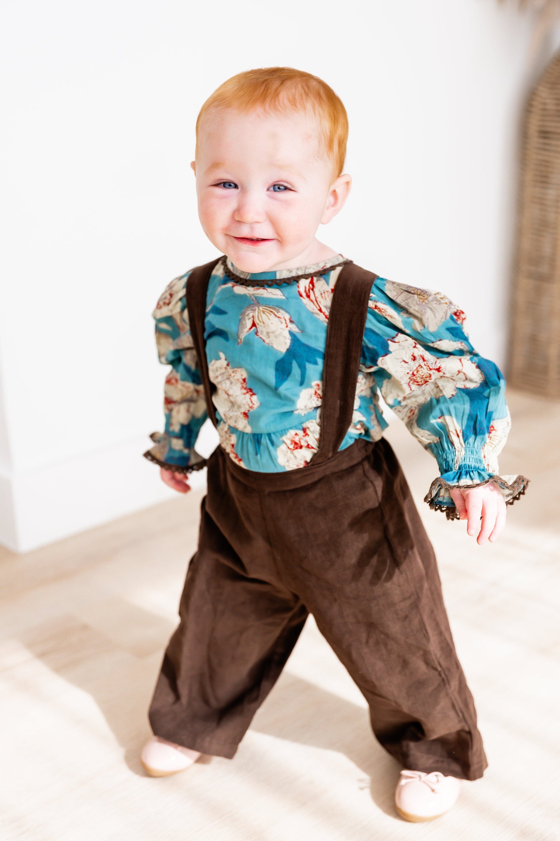 Turquoise Floral Printed Top & Brown Corduroy Pant Set 2-pc. set pant & top Yo Baby India 