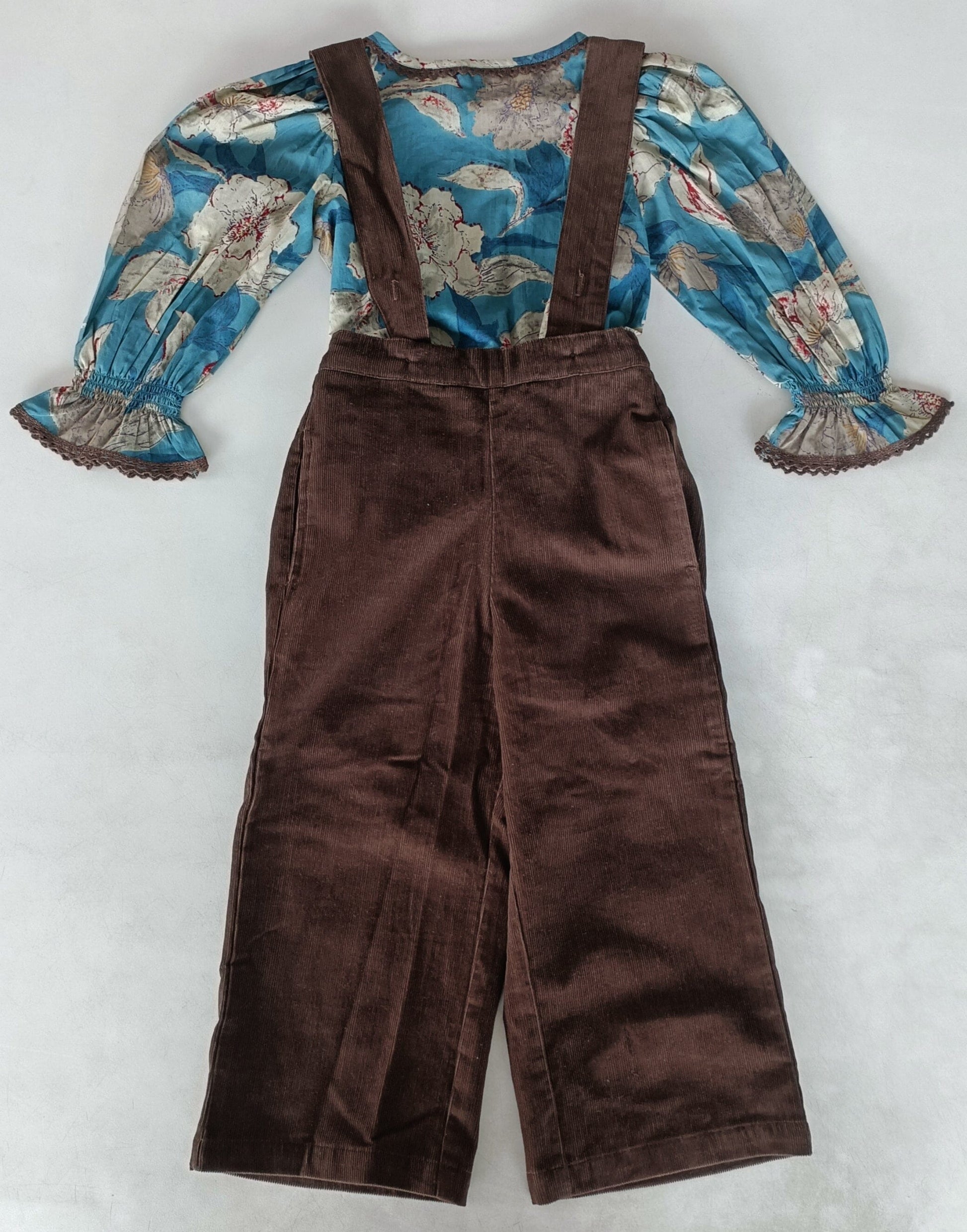 Turquoise Floral Printed Top & Brown Corduroy Pant Set 2-pc. set pant & top Yo Baby India 