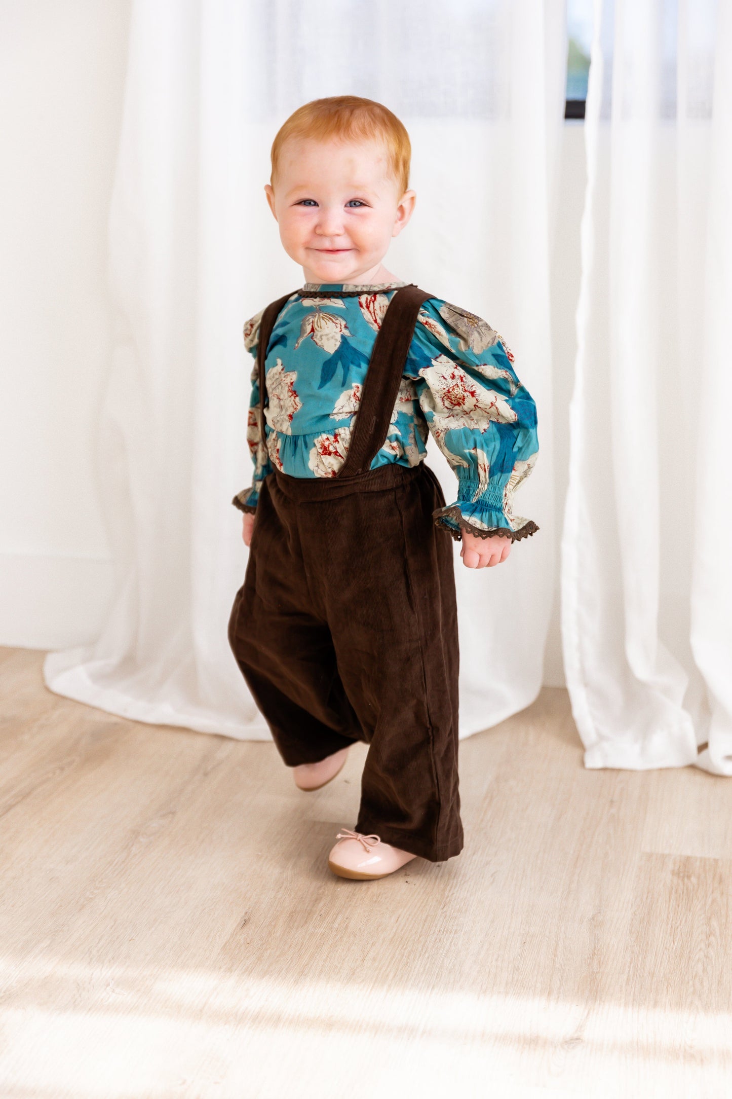 Turquoise Floral Printed Top & Brown Corduroy Pant Set 2-pc. set pant & top Yo Baby India 