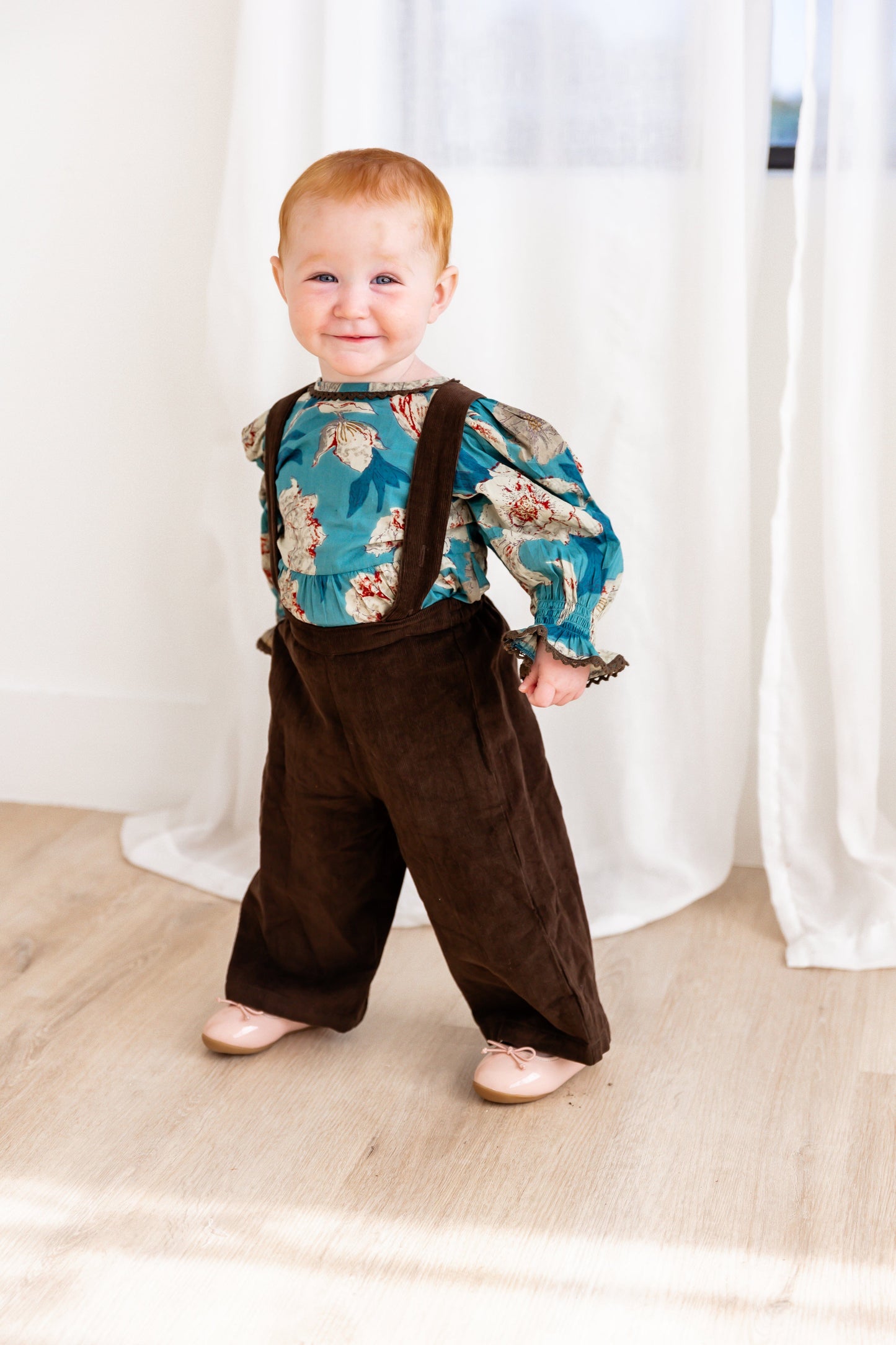 Turquoise Floral Printed Top & Brown Corduroy Pant Set 2-pc. set pant & top Yo Baby India 