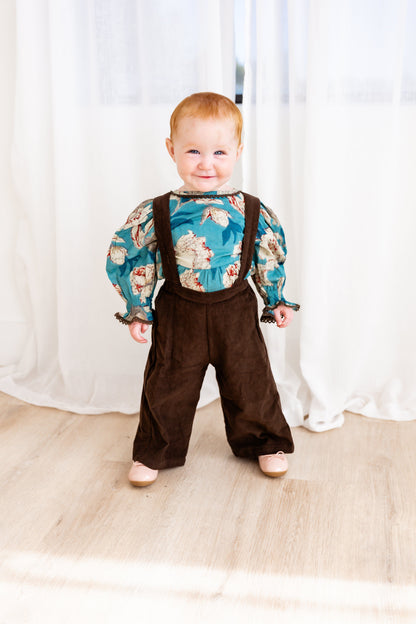 Turquoise Floral Printed Top & Brown Corduroy Pant Set 2-pc. set pant & top Yo Baby India 