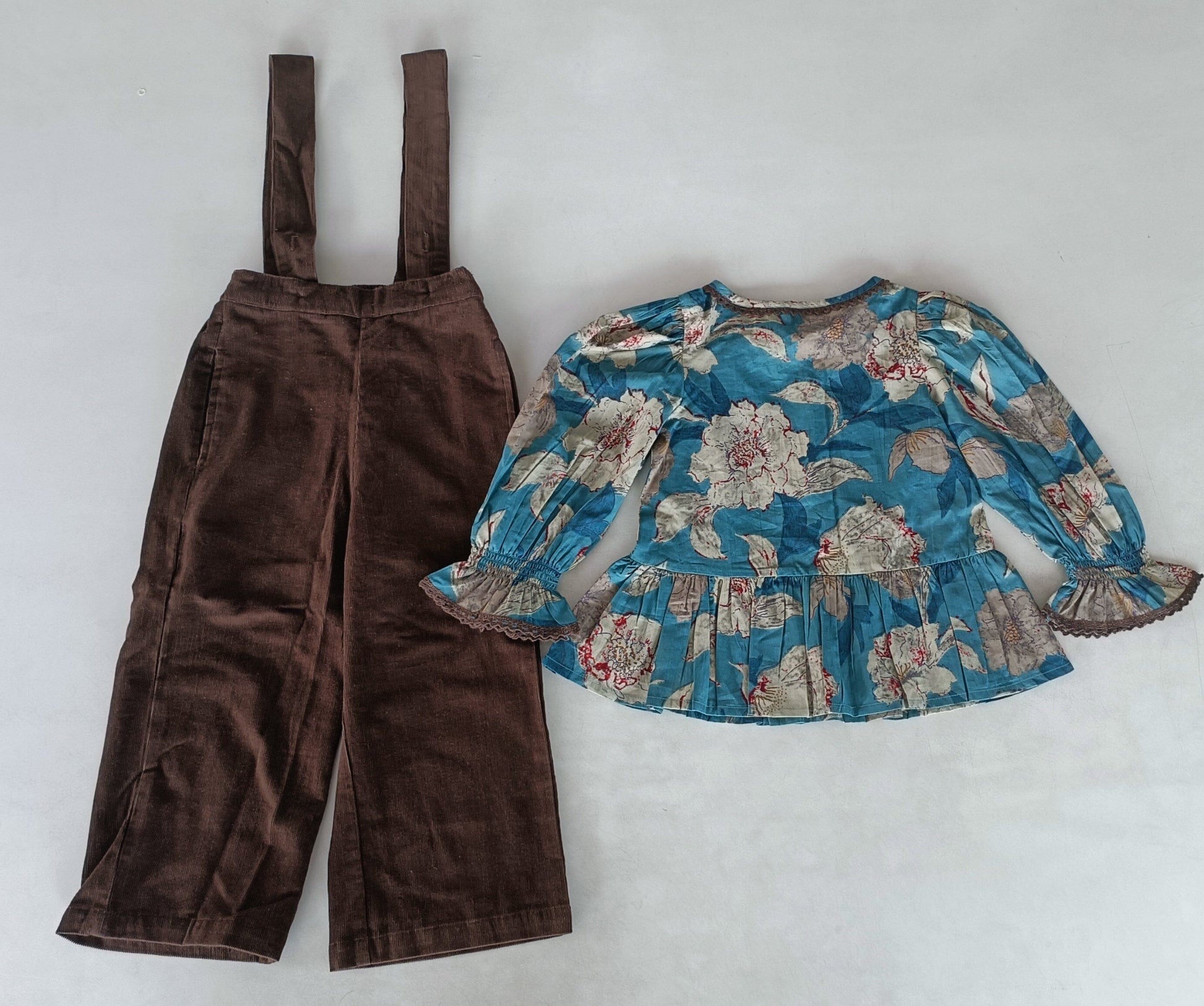 Turquoise Floral Printed Top & Brown Corduroy Pant Set 2-pc. set pant & top Yo Baby India 