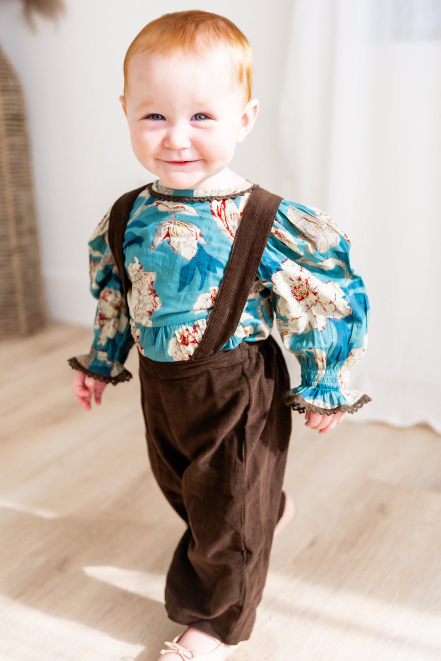 Turquoise Floral Printed Top & Brown Corduroy Pant Set – Infant & Kids Cotton Outfit
