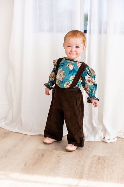 Turquoise Floral Printed Top & Brown Corduroy Pant Set 2-pc. set pant & top Yo Baby India 