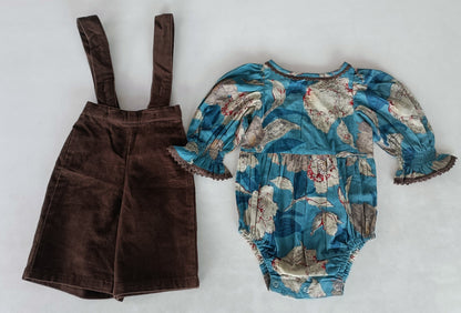 Turquoise Floral Printed Top & Brown Corduroy Pant Set 2-pc. set pant & top Yo Baby India 