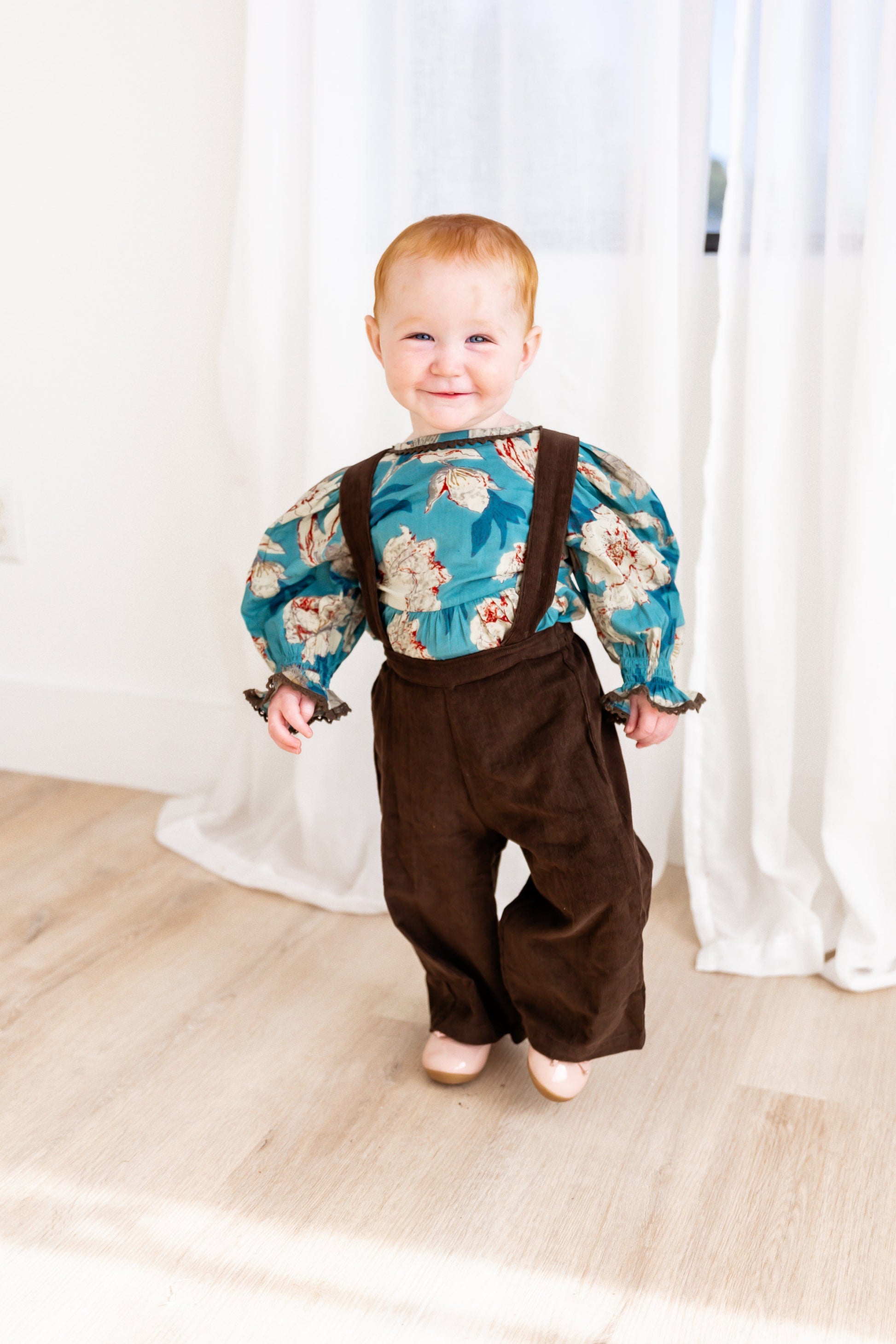 Turquoise Floral Printed Top & Brown Corduroy Pant Set 2-pc. set pant & top Yo Baby India 