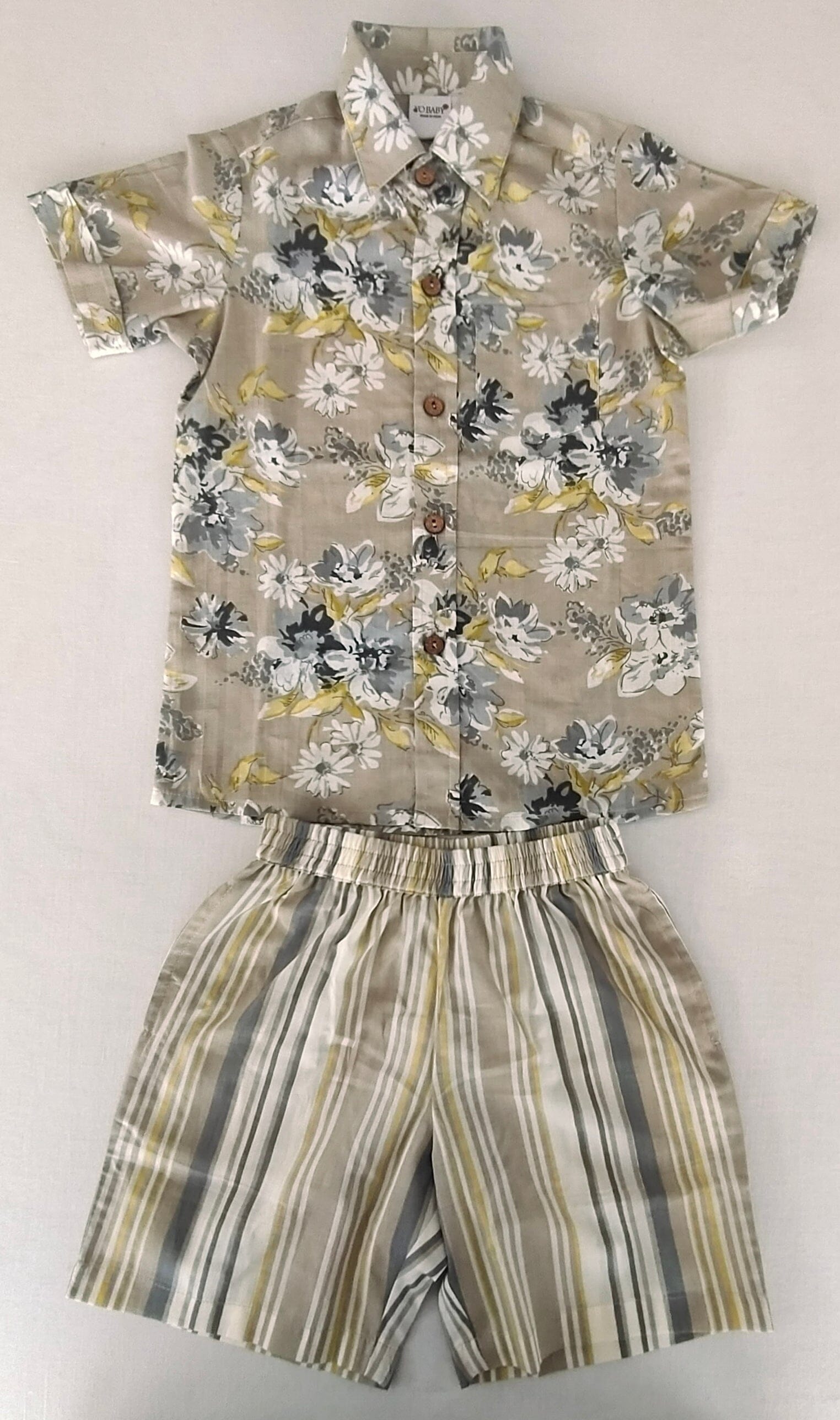 Unisex Kids' Brown Floral Print Cotton Shirt & Striped Shorts Set shirt & shorts Yo Baby India 