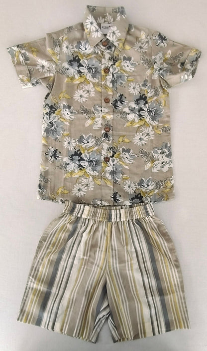 Unisex Kids' Brown Floral Print Cotton Shirt & Striped Shorts Set shirt & shorts Yo Baby India 