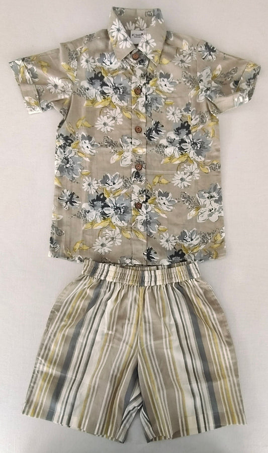 Unisex Kids' Brown Floral Print Cotton Shirt & Striped Shorts Set shirt & shorts Yo Baby India