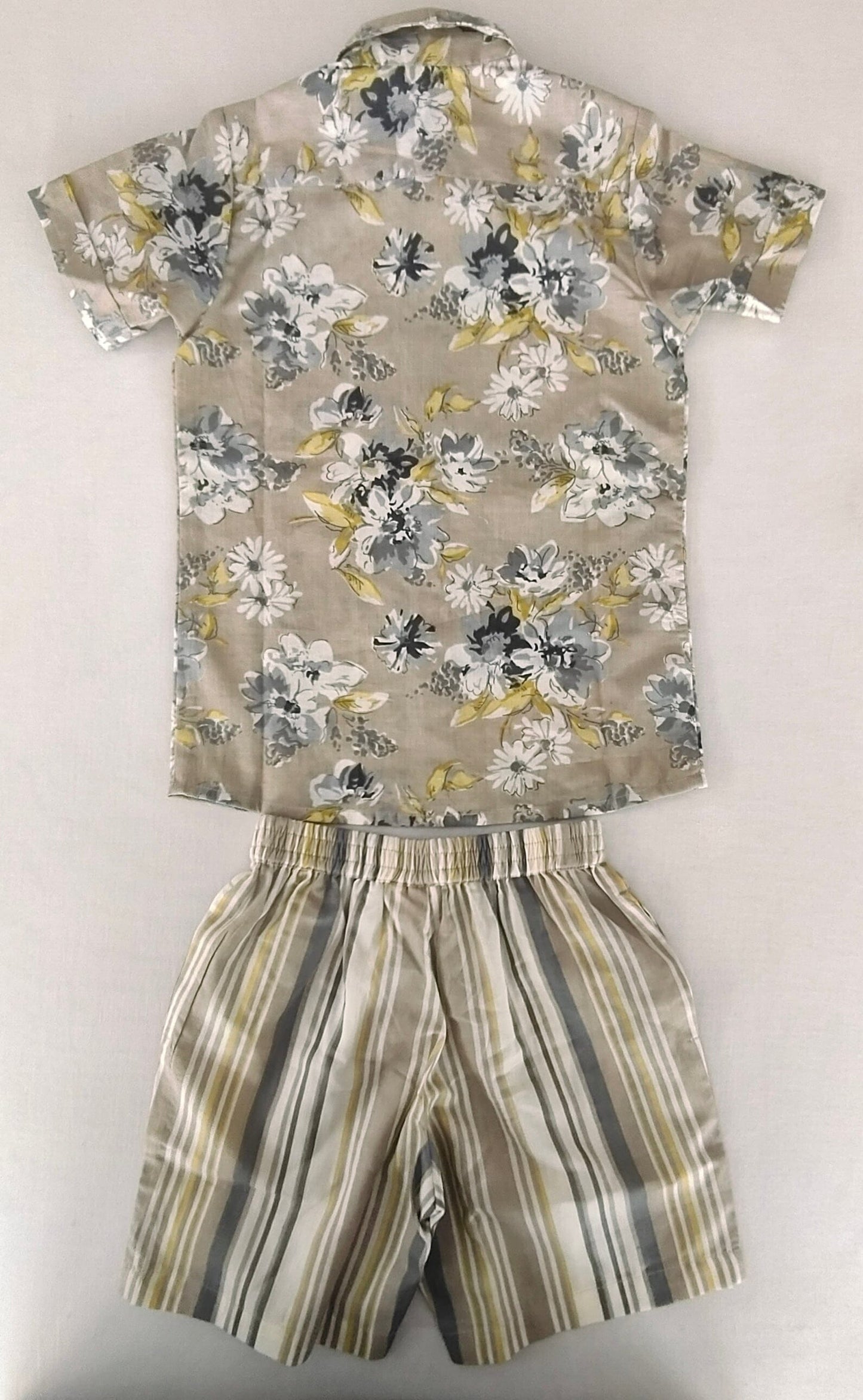 Unisex Kids' Brown Floral Print Cotton Shirt & Striped Shorts Set shirt & shorts Yo Baby India 