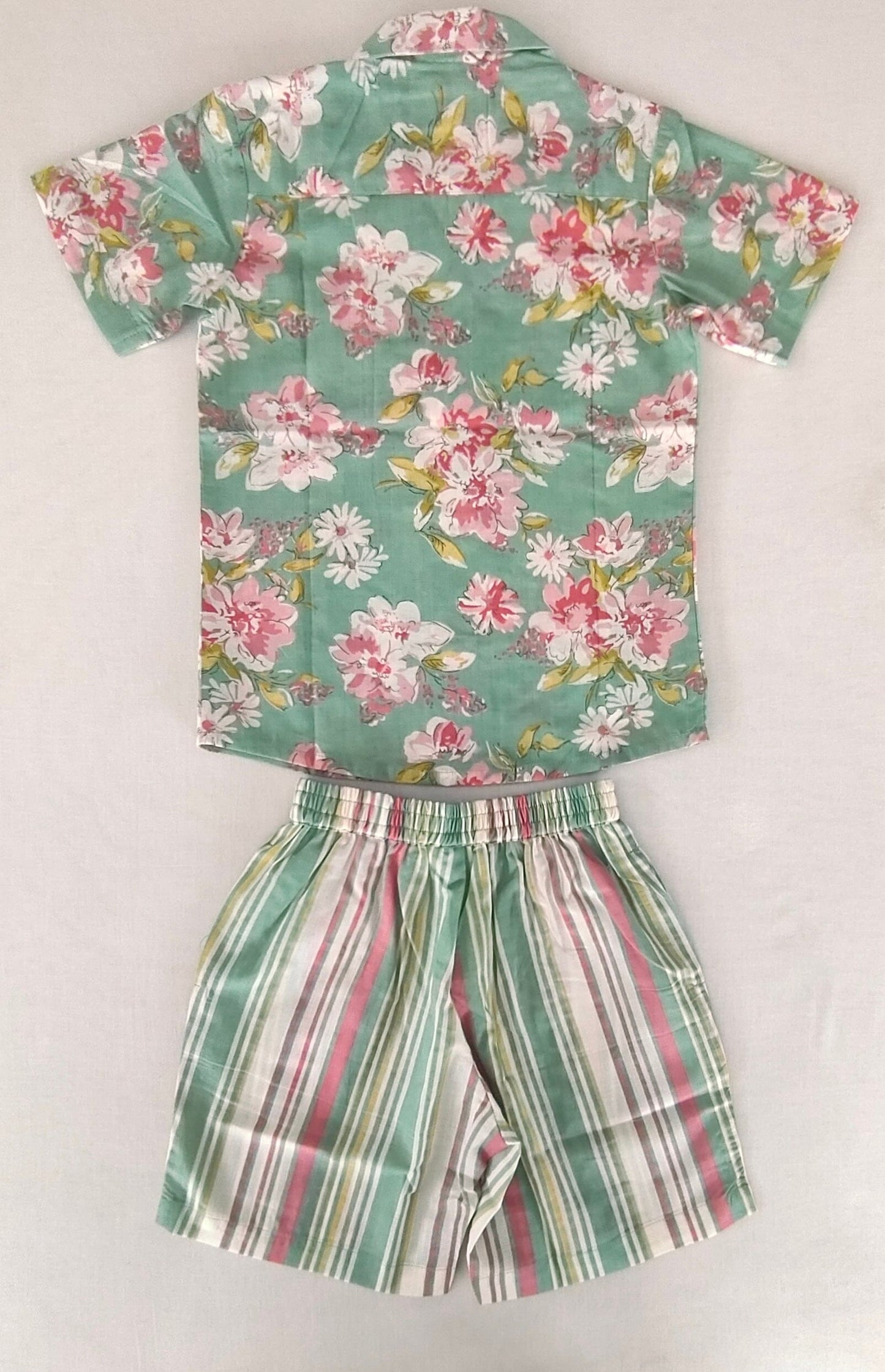 Unisex Kids' Green Floral Print Cotton Shirt & Striped Shorts Set shirt & shorts Yo Baby India 