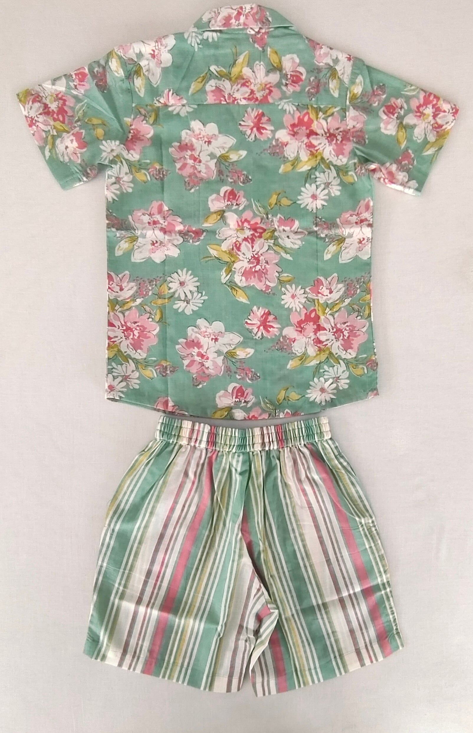 Unisex Kids' Green Floral Print Cotton Shirt & Striped Shorts Set shirt & shorts Yo Baby India 