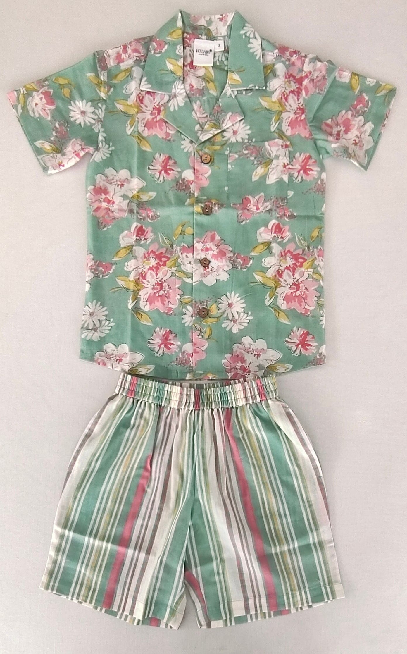 Unisex Kids' Green Floral Print Cotton Shirt & Striped Shorts Set shirt & shorts Yo Baby India 