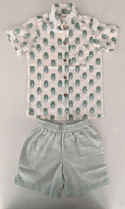 Unisex Kids' Sage Booty Print Cotton Shirt & Stripe Shorts Set shirt & shorts Yo Baby India 