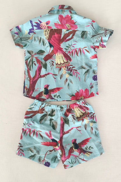 Unisex Kids' Turquoise Bird Print Shirt & Shorts Set shirt & shorts Yo Baby India 