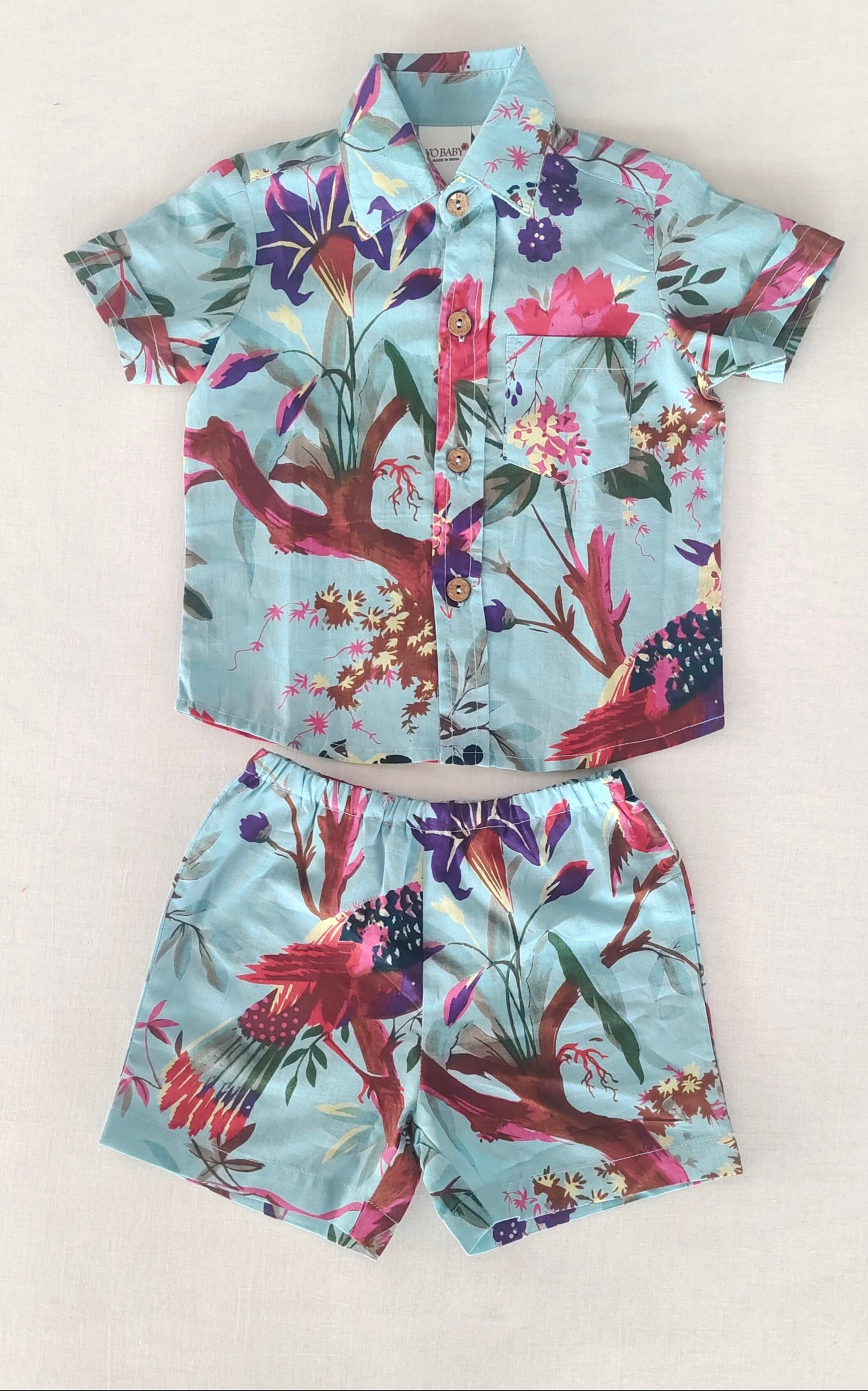 Unisex Kids' Turquoise Bird Print Shirt & Shorts Set shirt & shorts Yo Baby India 