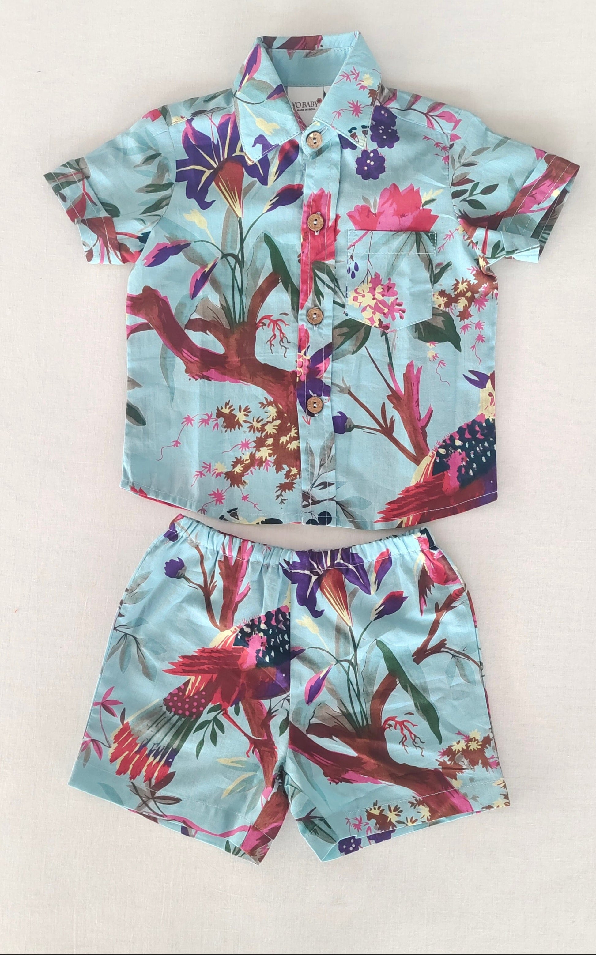 Unisex Kids' Turquoise Bird Print Shirt & Shorts Set shirt & shorts Yo Baby India 