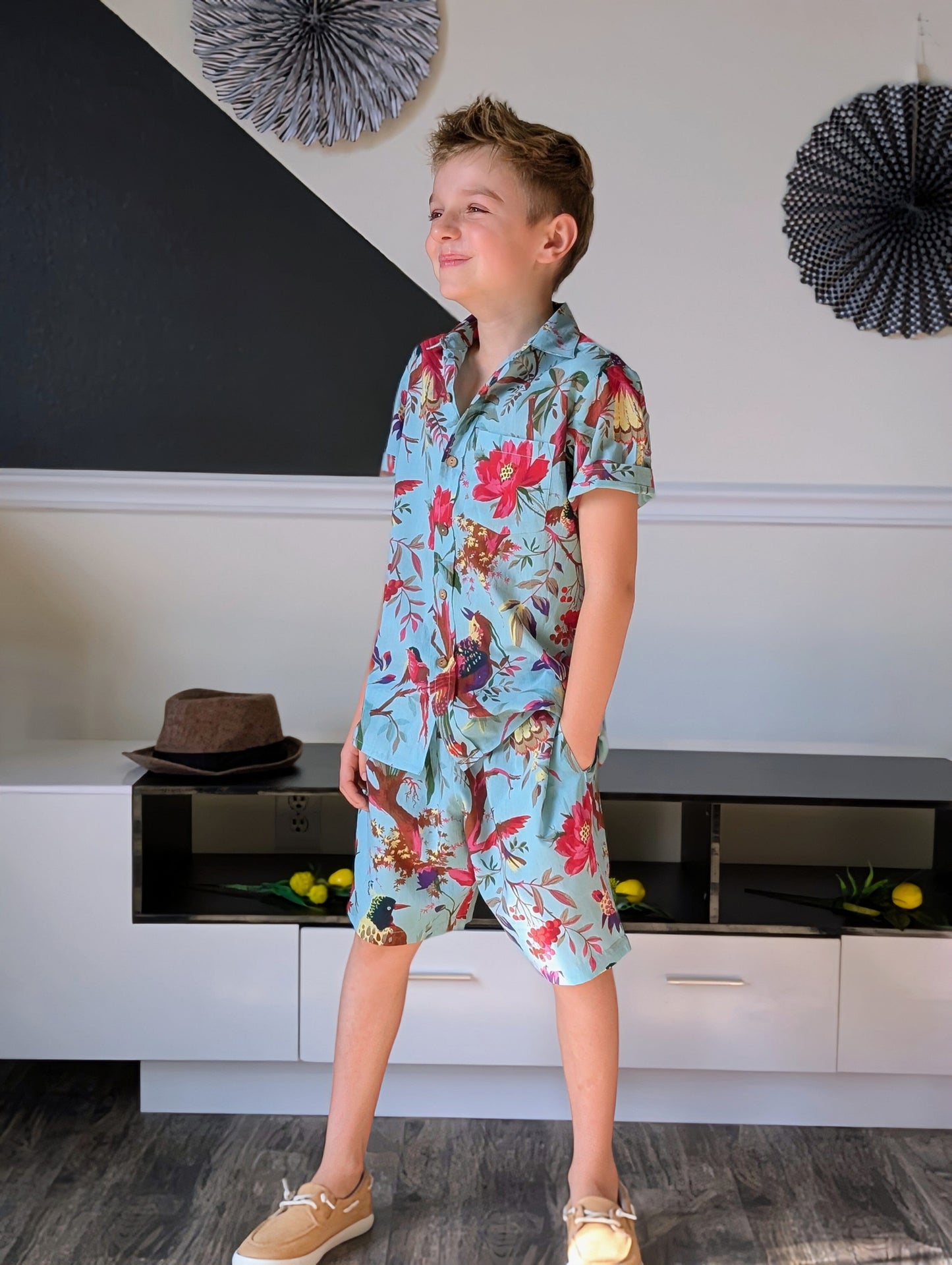 Unisex Kids' Turquoise Bird Print Shirt & Shorts Set shirt & shorts Yo Baby India 