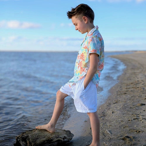 Boys Turquoise Printed Cotton Shirt & White Shorts Set – Soft & Breathable Outfit for Infants, Toddlers & Tweens