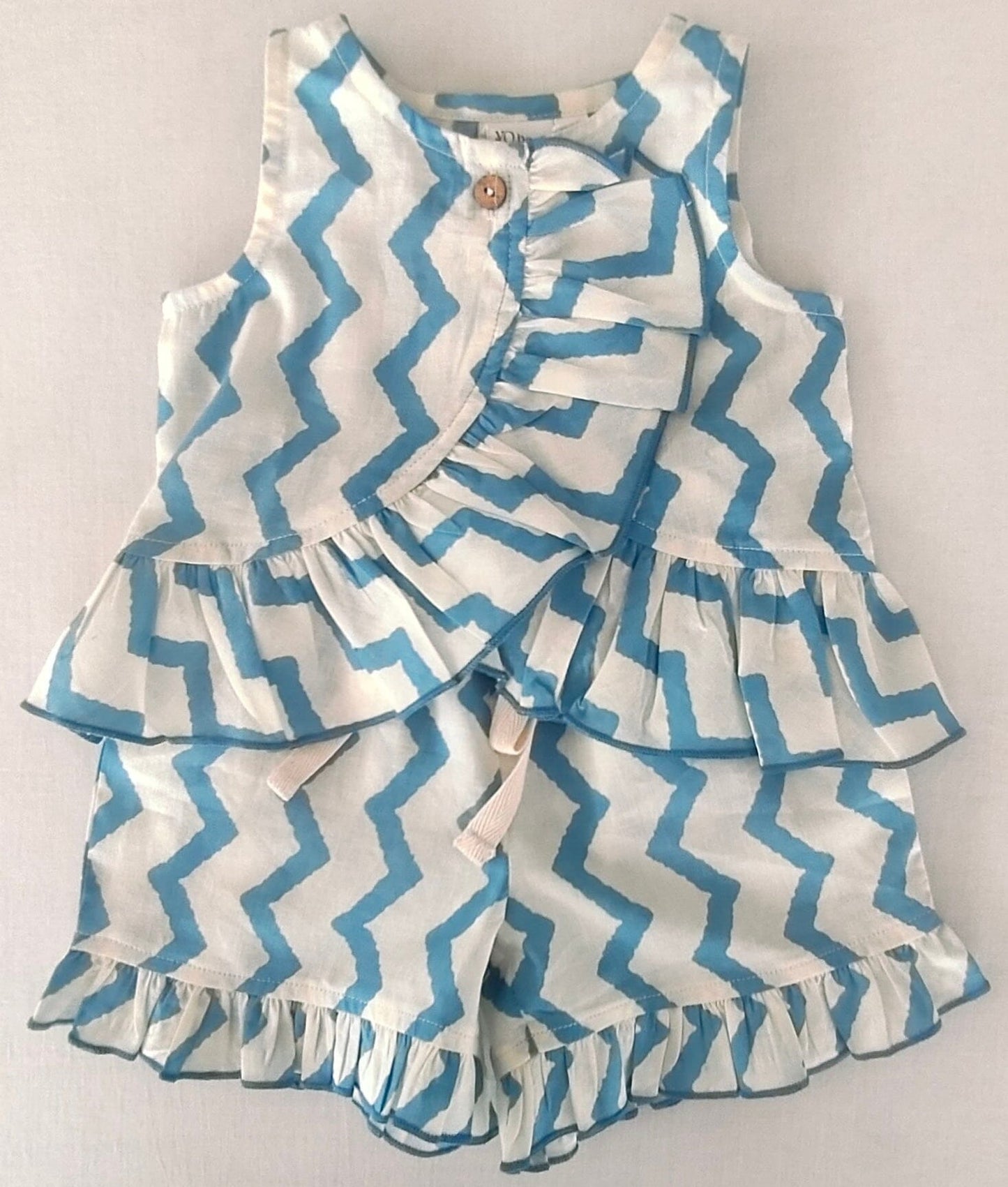 White and Blue Zigzag Print Frill Top & Shorts Set dress & diaper cover Yo Baby India 