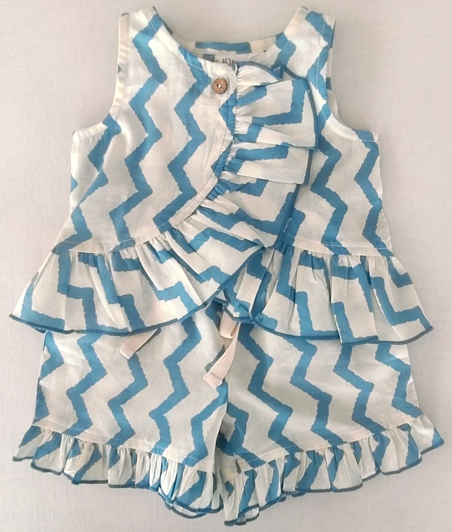 White and Blue Zigzag Print Frill Top & Shorts Set dress & diaper cover Yo Baby India 