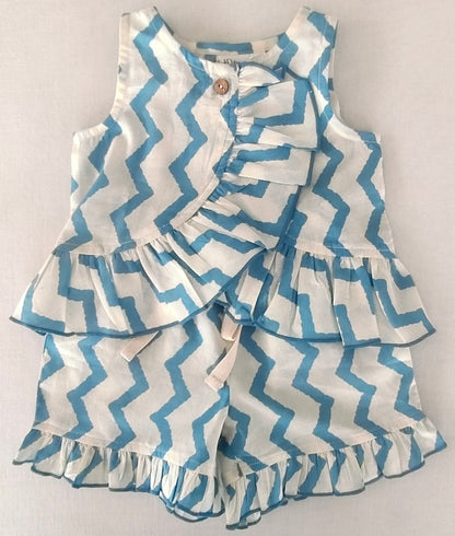 White and Blue Zigzag Print Frill Top & Shorts Set dress & diaper cover Yo Baby India 