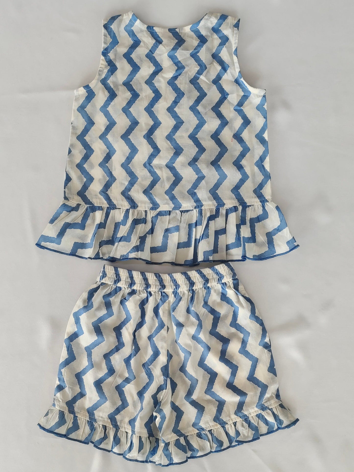 White and Blue Zigzag Print Frill Top & Shorts Set dress & diaper cover Yo Baby India 