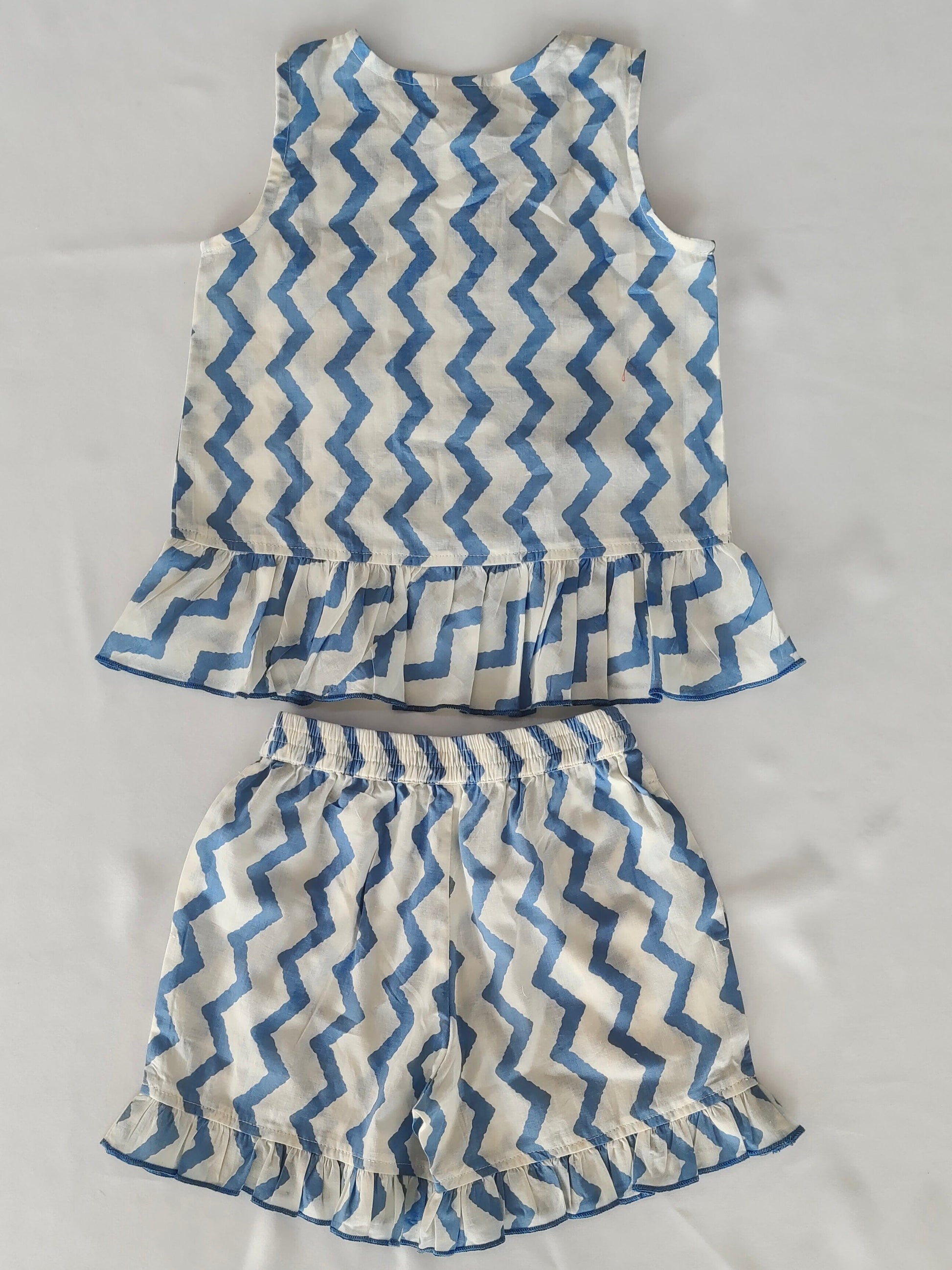 White and Blue Zigzag Print Frill Top & Shorts Set dress & diaper cover Yo Baby India 
