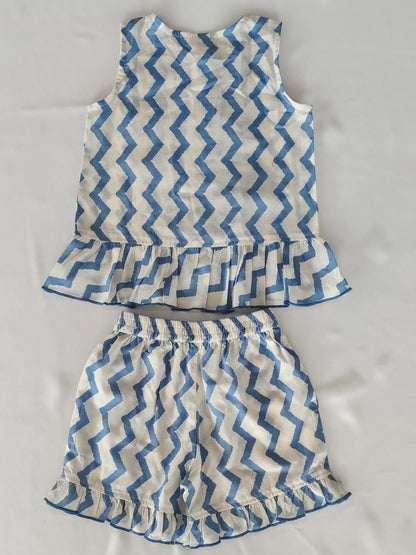 White and Blue Zigzag Print Frill Top & Shorts Set dress & diaper cover Yo Baby India 