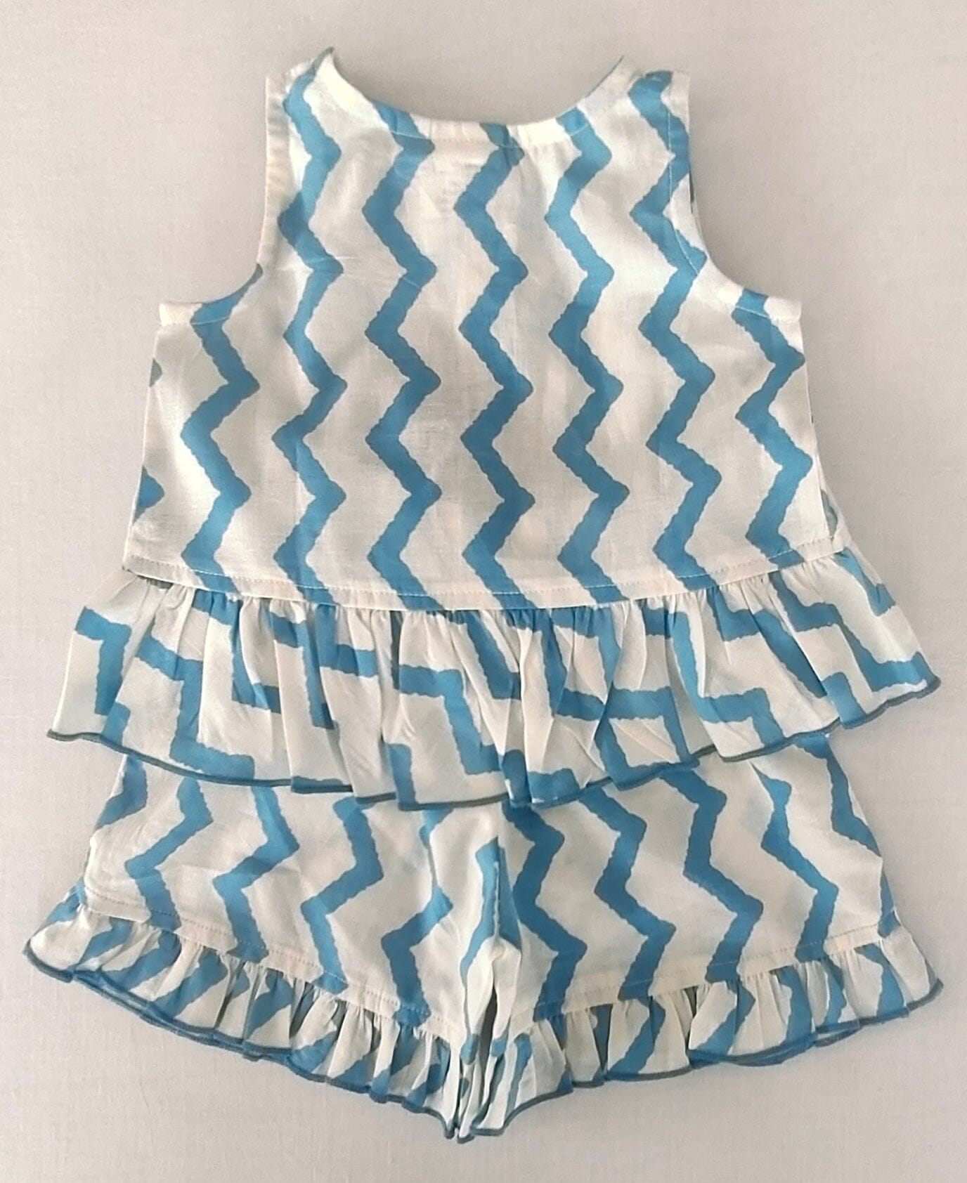 White and Blue Zigzag Print Frill Top & Shorts Set dress & diaper cover Yo Baby India 
