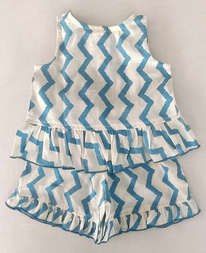 White and Blue Zigzag Print Frill Top & Shorts Set dress & diaper cover Yo Baby India 