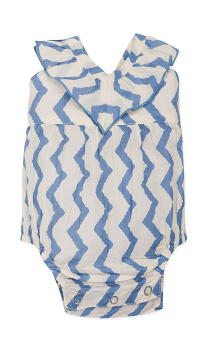 White & Blue Zig-Zag Print Bubble Romper Yo Baby India 