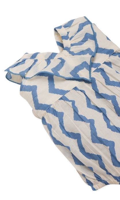 White & Blue Zig-Zag Print Bubble Romper Yo Baby India 