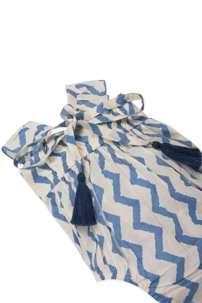 White & Blue Zig-Zag Print Bubble Romper Yo Baby India 