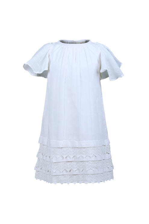 White Textured Checks Dress with Cap Sleeves & Lace Details DRESS Yo Baby India 