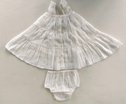 White Textured Checks Multi-Tiered Ruffle Dress