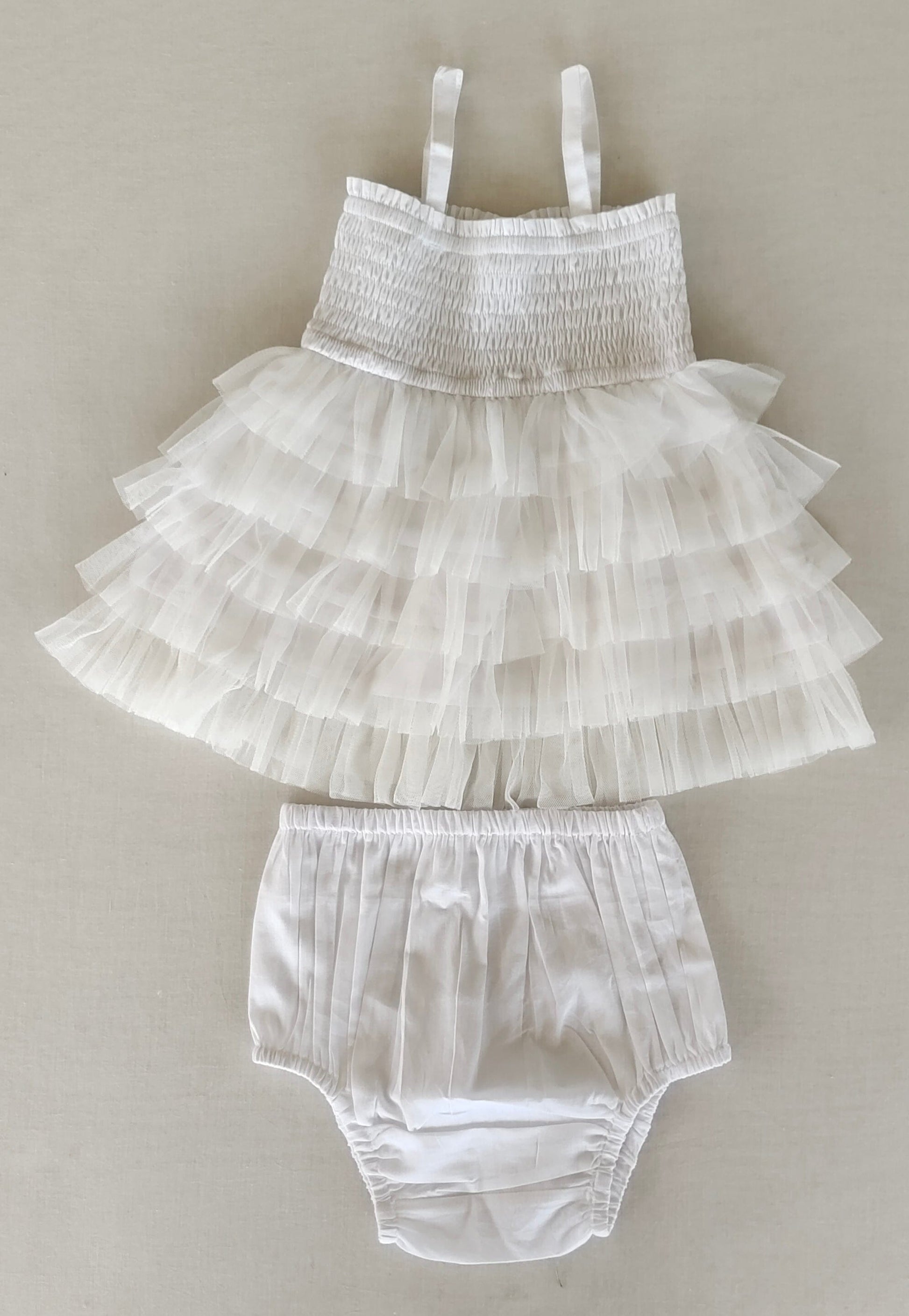 White Tiered Tulle Dress with Nylon Net Frills and Adjustable Straps dress & diaper cover Yo Baby India 