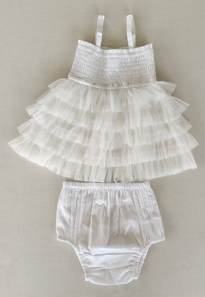 White Tiered Tulle Dress with Nylon Net Frills and Adjustable Straps dress & diaper cover Yo Baby India 